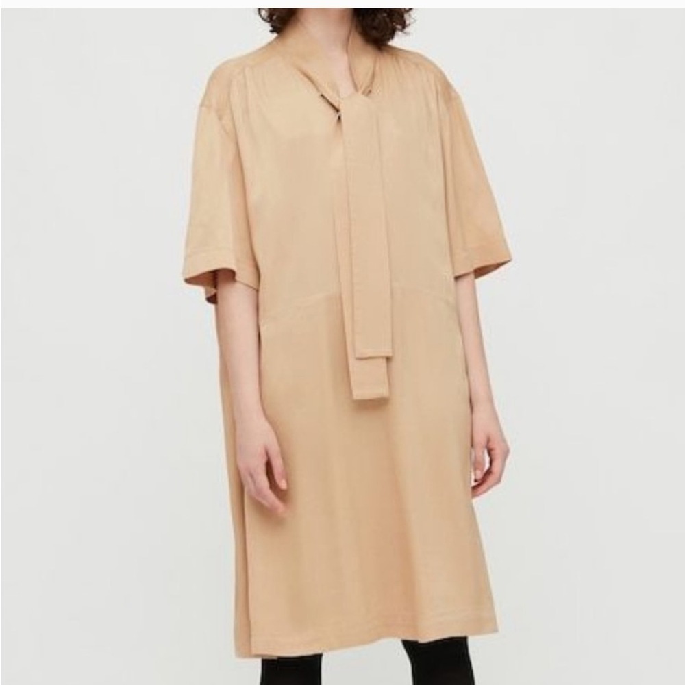 Uniqlo Tie Neck‎ Midi Dress Work Office Career Beige Sz L Lagenlook Minimalist